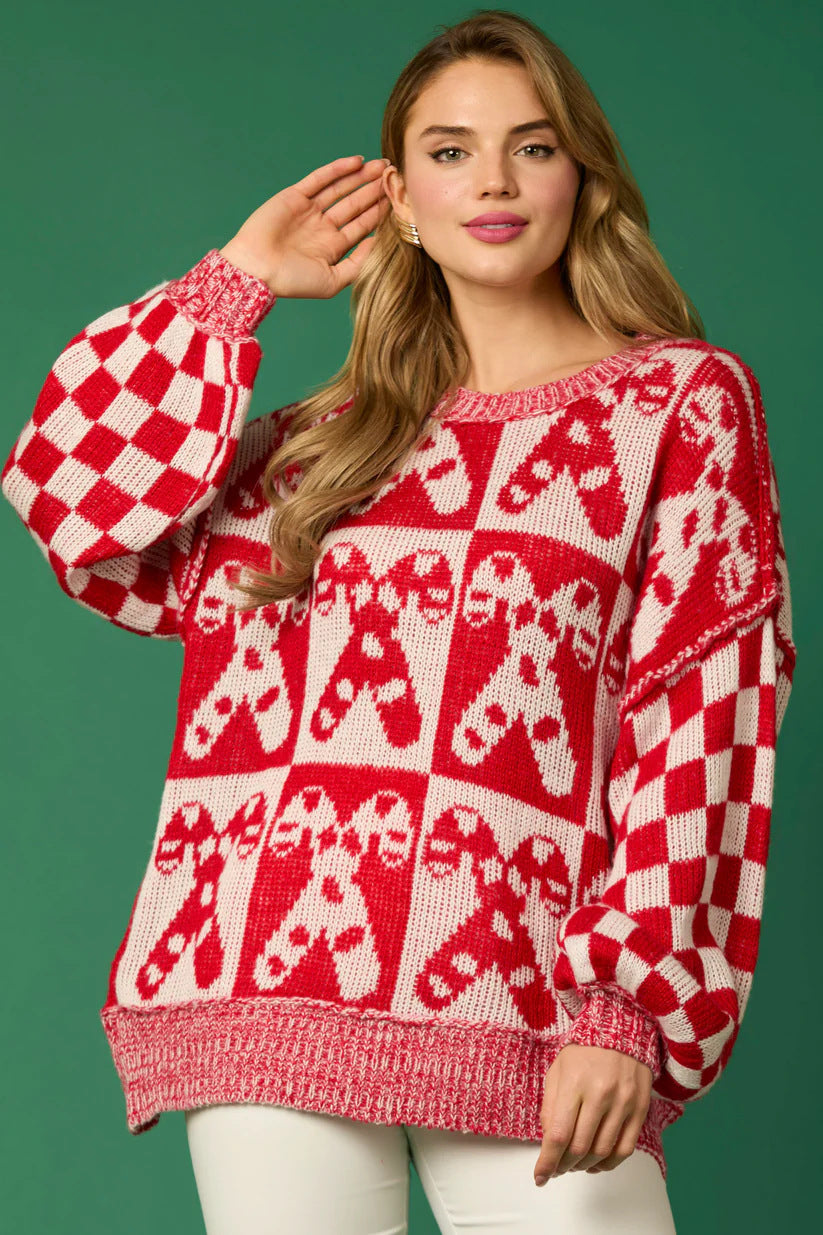 Velina Moda | Candy Cane Christmas Pins & Gingerbread Man Knit Sweater