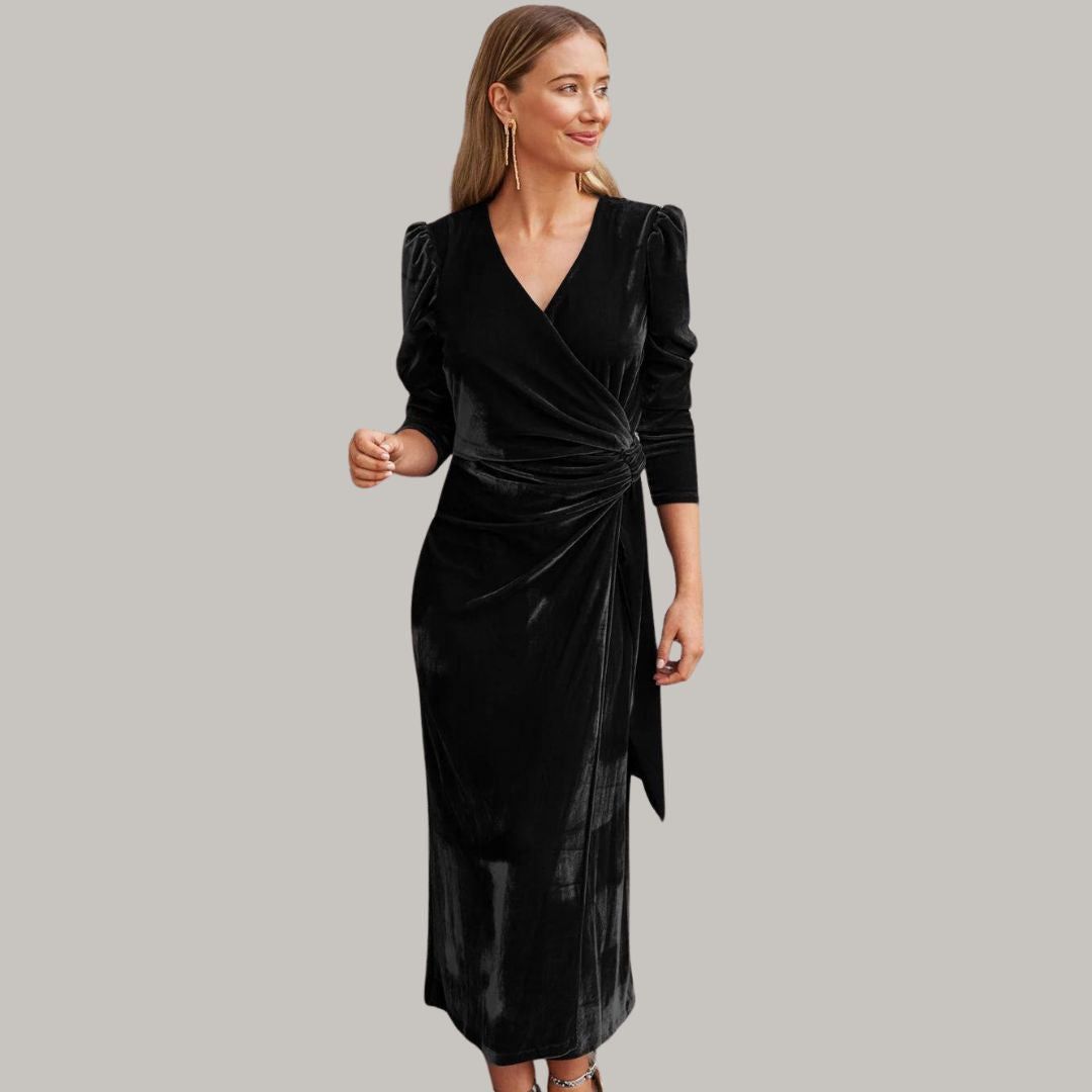 Long midi wrap dress in velvet with puff sleeves
