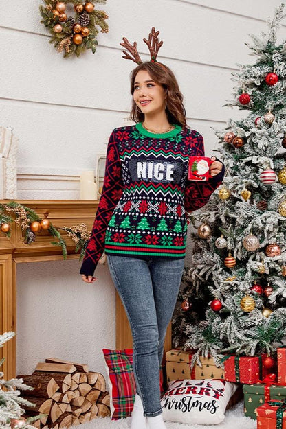 Velina Moda | Sequin Embroidered Christmas Jacquard Knit Sweater