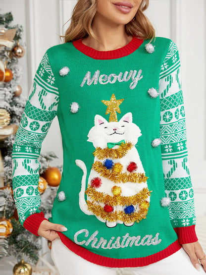 Velina Moda | Christmas Long Sleeve Cat Appliqué Round Neck Sweater