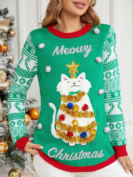Velina Moda | Christmas Long Sleeve Cat Appliqué Round Neck Sweater