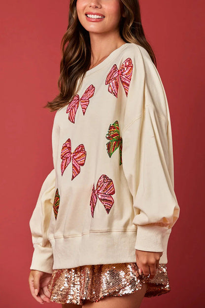 Velina Moda | Christmas Bow Sequin Loose Casual Long Sleeve Sweatshirt