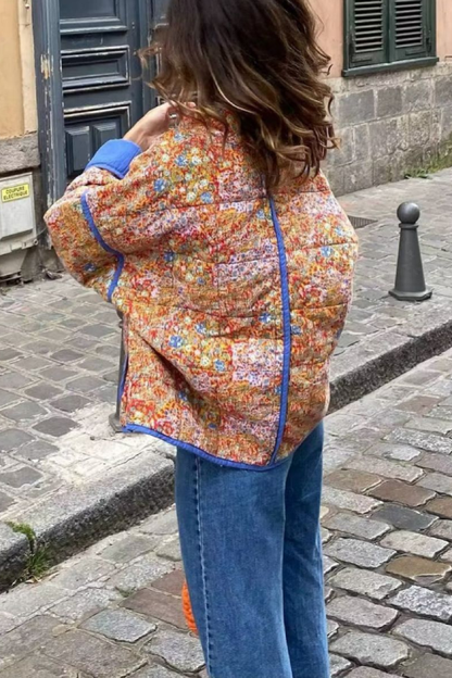 Velina Moda | Colorblock Large Bag Stand Collar Quilted Jacket Made Of Cotton