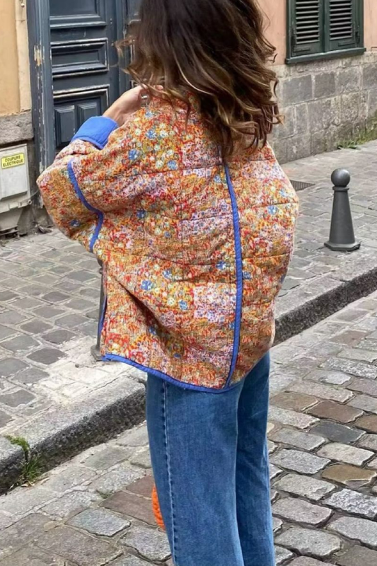 Velina Moda | Colorblock Large Bag Stand Collar Quilted Jacket Made Of Cotton