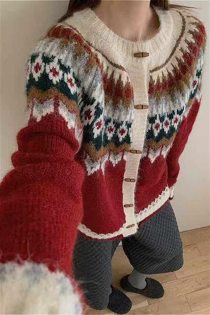 Velina Moda | Round Neck Fair Isle Christmas Horn Button Cardigan