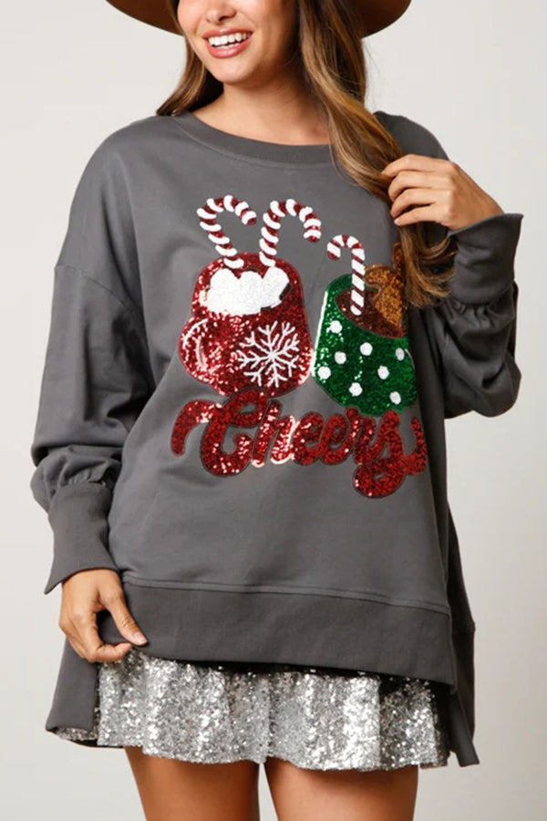 Velina Moda | Christmas Candy Cup Sequins Casual Loose Sweatshirt