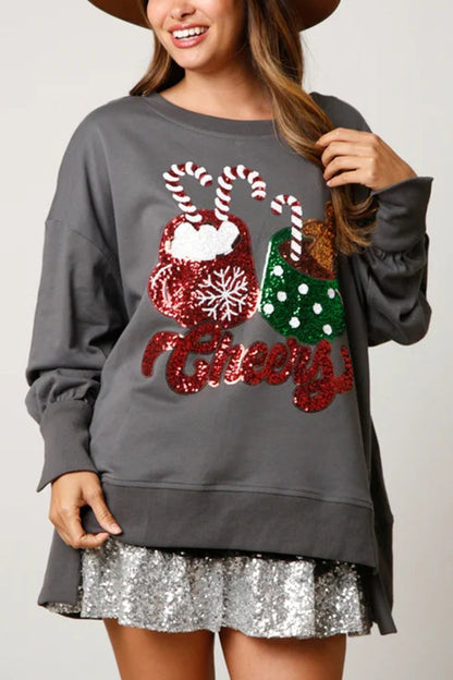 Velina Moda | Christmas Candy Cup Sequins Casual Loose Sweatshirt