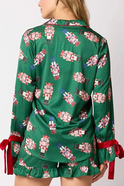 Velina Moda | Christmas Fashion Printed Bow Top and Elastic Waist Ruffle Shorts Set