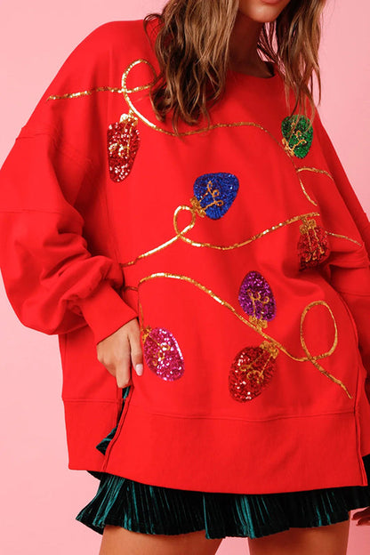 Velina Moda | Christmas Lights Sequins Slit Pullover Sweatshirt
