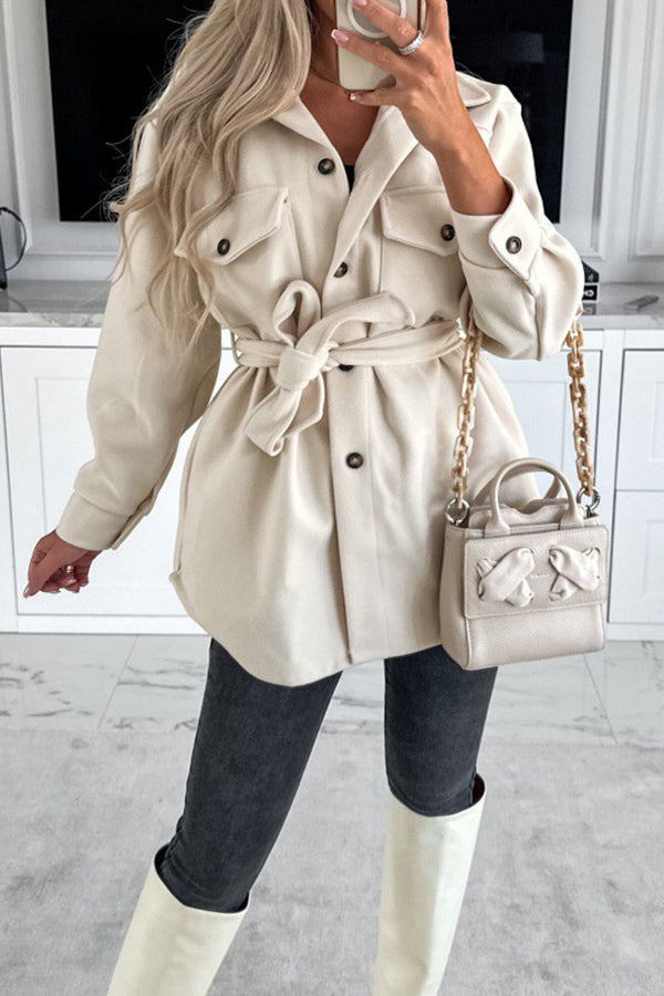 Velina Moda | Lacing Solid Color Bag Button Placket Long Sleeve Jacket