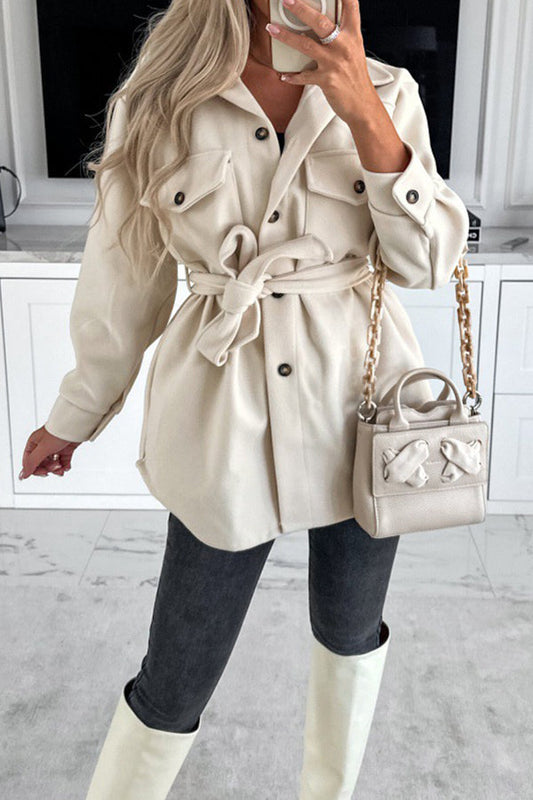 Velina Moda | Lacing Solid Color Bag Button Placket Long Sleeve Jacket