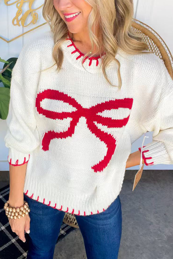 Velina Moda | Christmas Bow Contrast Color Included Edge Long Sleeve Knitted Sweater