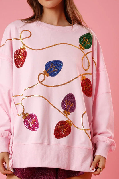 Velina Moda | Christmas Lights Sequins Slit Pullover Sweatshirt