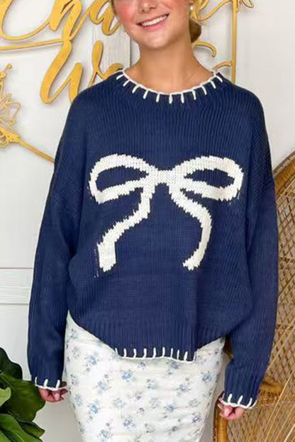 Velina Moda | Christmas Bow Contrast Color Included Edge Long Sleeve Knitted Sweater