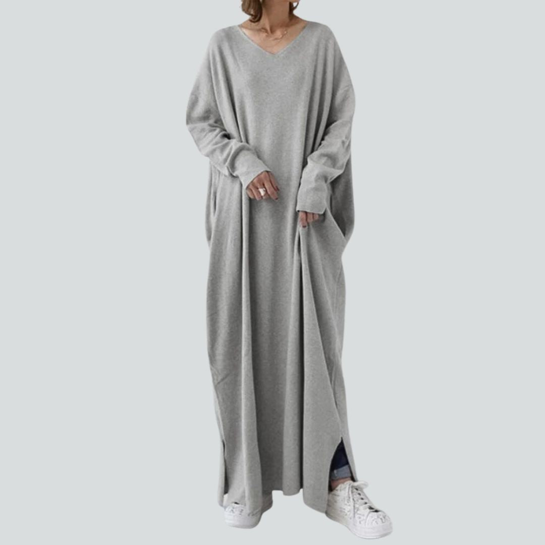 Maxi knit dress with V-neck and long sleeves in relaxed fit