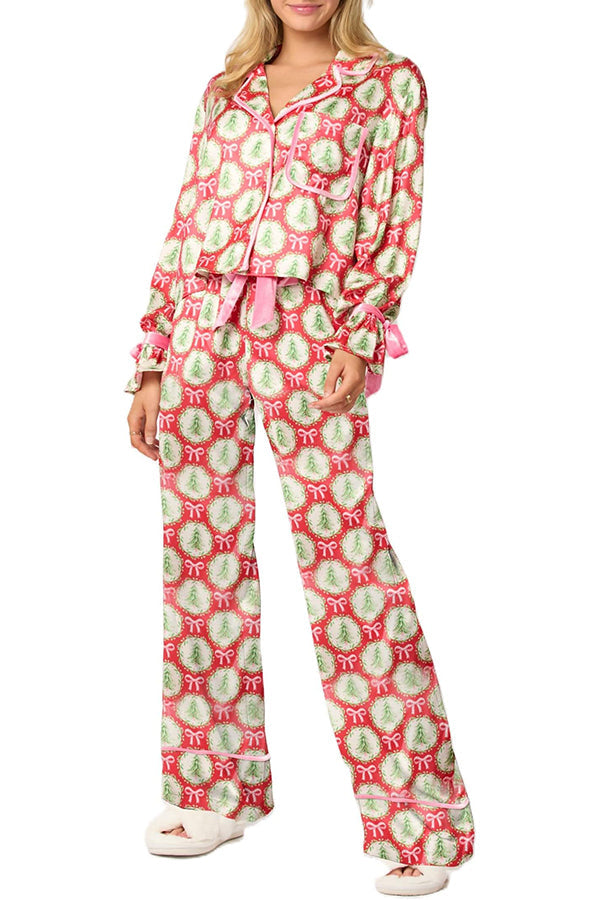 Velina Moda | Christmas Printed Velour Lacing Long Sleeve Pocket Top and Elastic Waist Pants Set