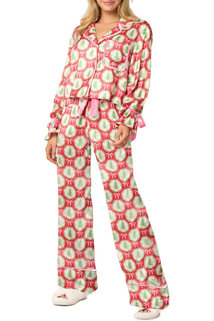 Velina Moda | Christmas Printed Velour Lacing Long Sleeve Pocket Top and Elastic Waist Pants Set