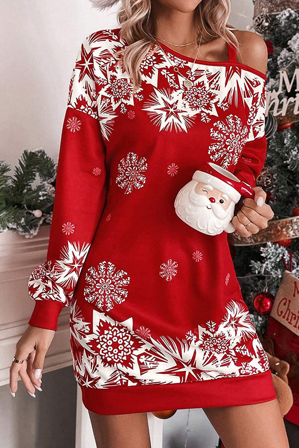 Velina Moda | Christmas Snowflake Cold Shoulder Loose Sweatshirt Mini Dress
