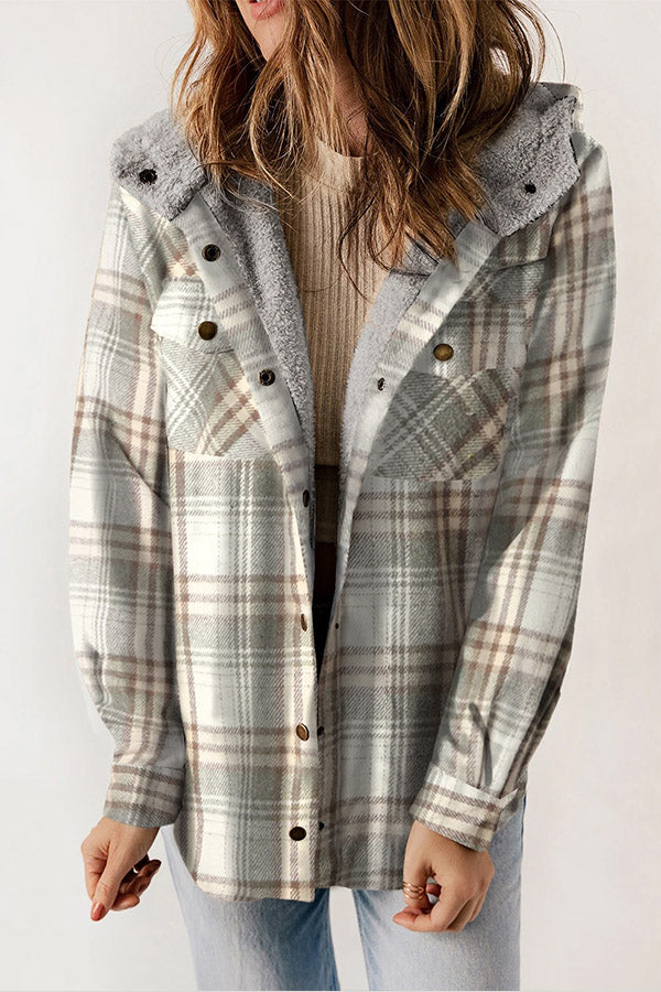 Velina Moda | Button Sherpa Lined Hooded Flannel Jacket