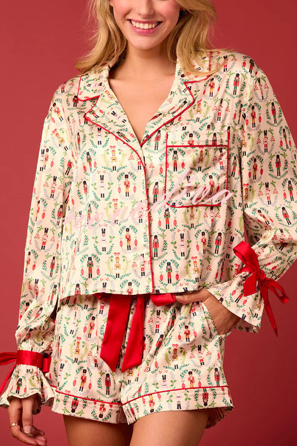 Velina Moda | Christmas Print Lace-Up Cuff Top and Elastic Waistband Pockets Casual Shorts Set