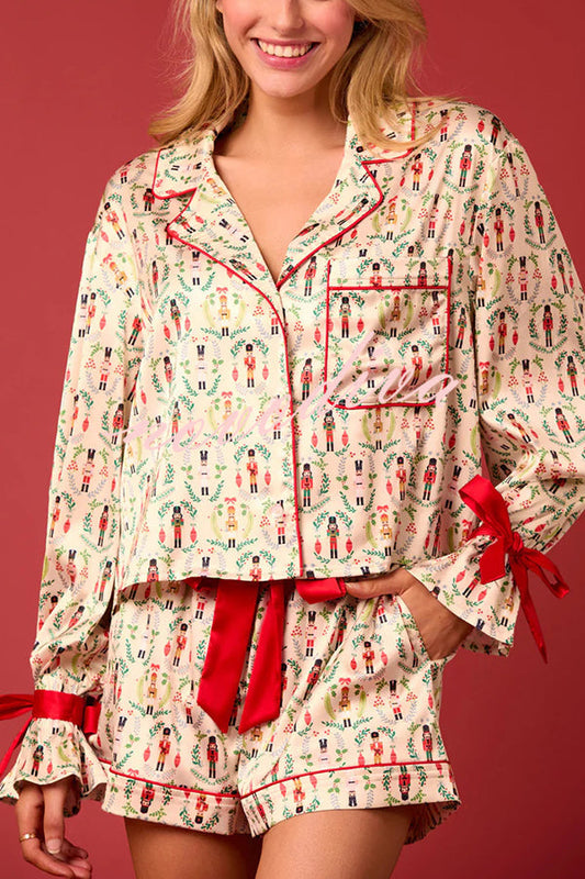 Velina Moda | Christmas Print Lace-Up Cuff Top and Elastic Waistband Pockets Casual Shorts Set