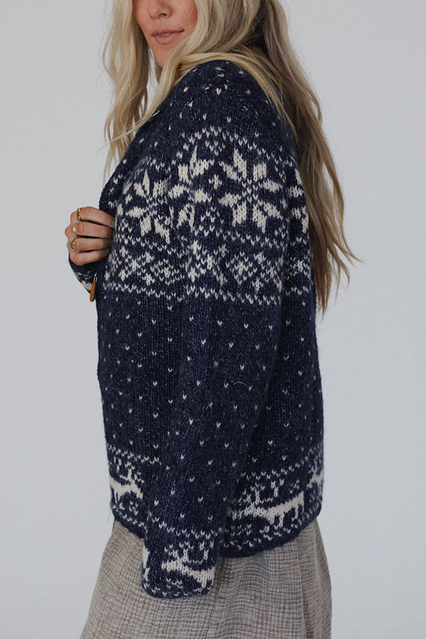 Velina Moda | Christmas Snowflake Moose Zip Long Sleeve Sweater