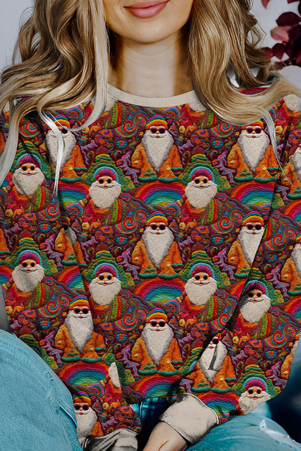 Velina Moda | Printed Christmas Contrast Color Long Sleeve Pullover Sweatshirt