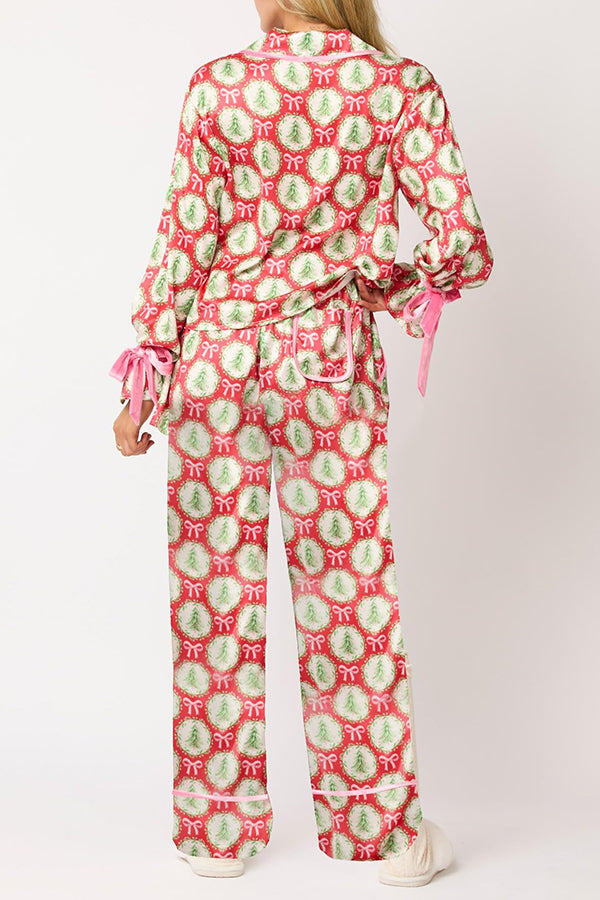 Velina Moda | Christmas Printed Velour Lacing Long Sleeve Pocket Top and Elastic Waist Pants Set