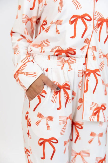 Velina Moda | Christmas Bow Print Long Sleeve Shirt and Elastic Waist Pocket Pants Set