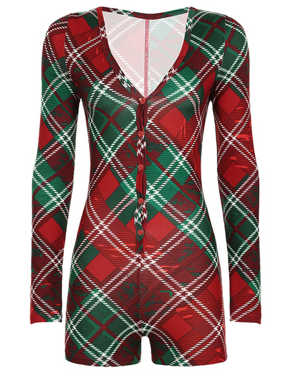 Velina Moda | Christmas Check Pattern V Neck Long Sleeve Jumpsuit Shorts