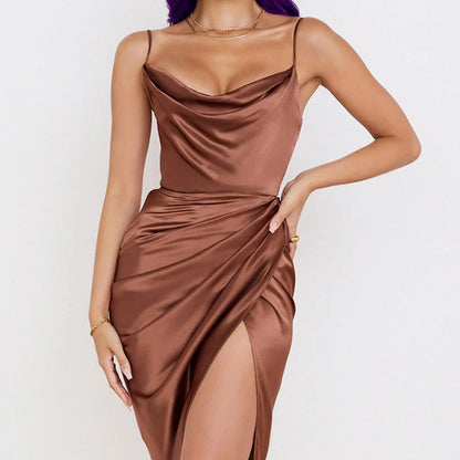 Satin dress with ruffles and narrow straps