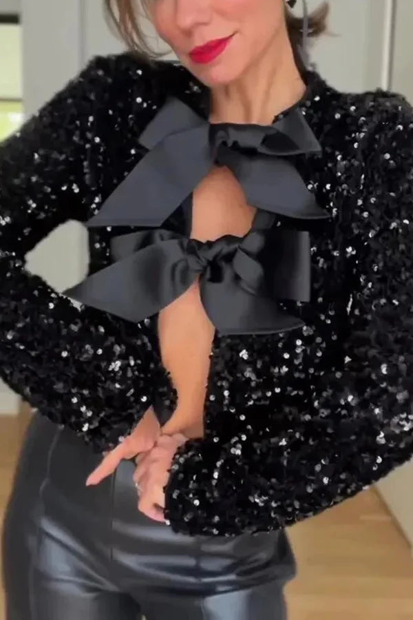 Velina Moda | Options To Celebrate, Tie Front Bow Sequin Jacket