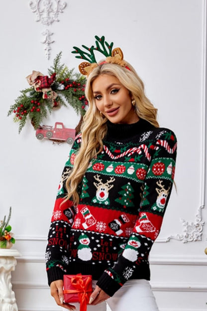 Velina Moda | High Neck Christmas Snowman Embroidery Sweater
