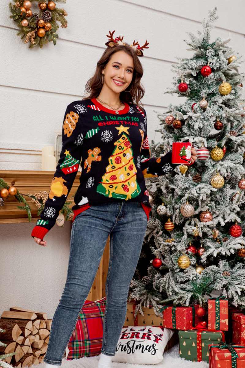 Velina Moda | Casual Crew Neck Sweater with Embroidered Christmas Tree