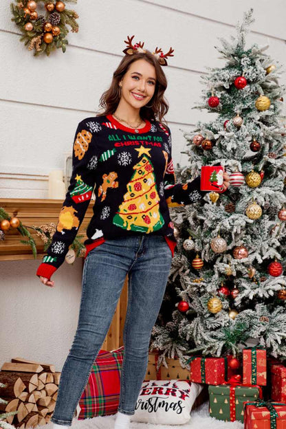Velina Moda | Casual Crew Neck Sweater with Embroidered Christmas Tree