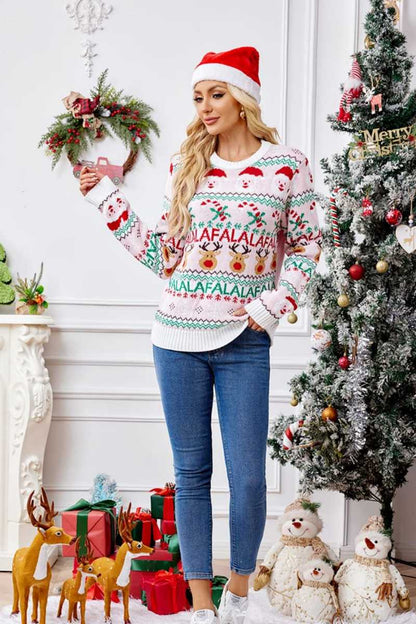 Velina Moda | Loose Fit Round Neck Christmas Cartoon Knit Sweater - Pink