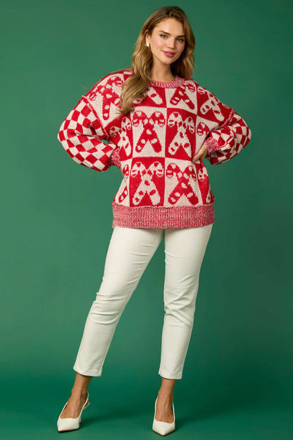 Velina Moda | Candy Cane Christmas Pins & Gingerbread Man Knit Sweater