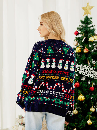 Velina Moda | Crewneck Sequin Sweater – Snowman & Christmas Tree