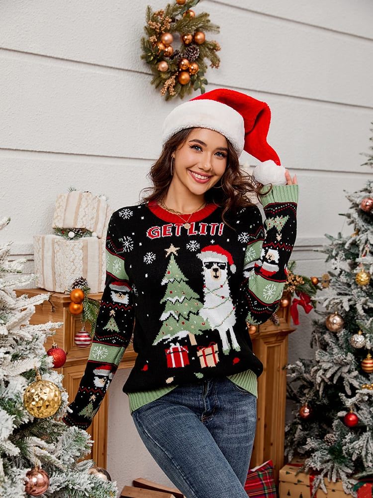 Velina Moda | Round Neck Embroidered Knit Sweater – Alpaca & Christmas Tree