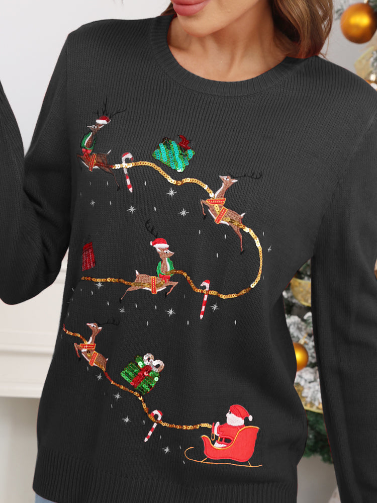 Velina Moda | Christmas Cute Reindeer Embroidery Knit Sweater