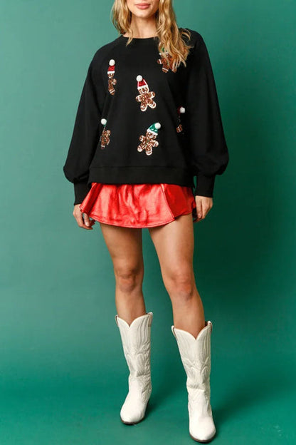 Velina Moda | Christmas Gingerbread Man Sequins Long Sleeve Sweatshirt