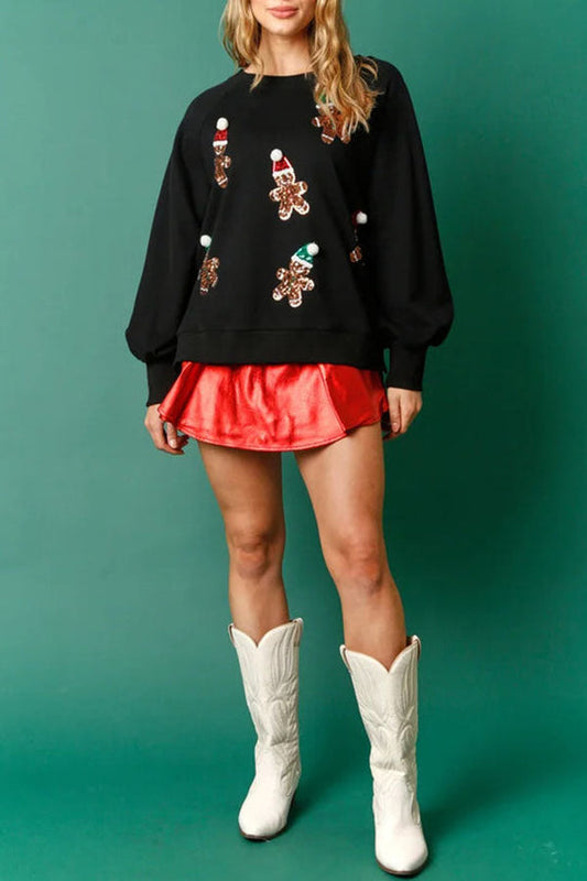 Velina Moda | Christmas Gingerbread Man Sequins Long Sleeve Sweatshirt