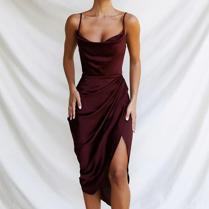 Satin dress with ruffles and narrow straps