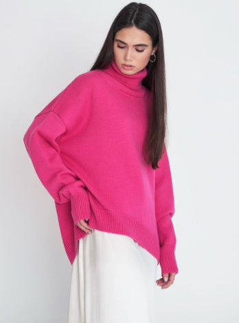 Oversized Winter Sweater with High Neck and Ribbed Cuffs