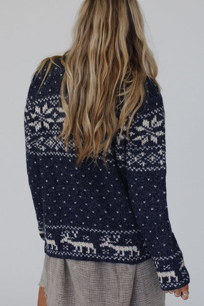 Velina Moda | Christmas Snowflake Moose Zip Long Sleeve Sweater