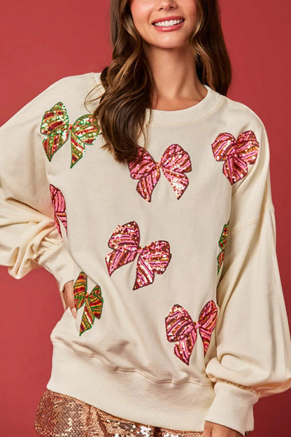 Velina Moda | Christmas Bow Sequin Loose Casual Long Sleeve Sweatshirt