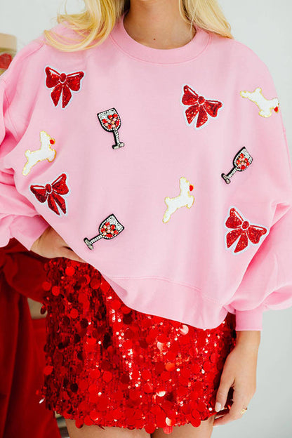 Velina Moda | Christmas Bow Wine Glass Sequins Loose Long Sleeve Sweatshirt