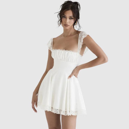 Dress with square neckline and lace trim