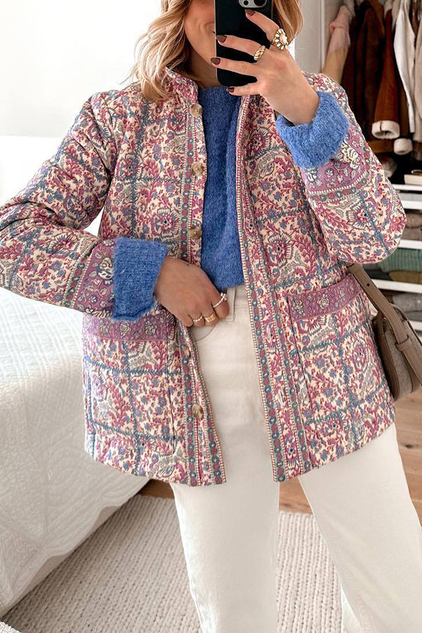Velina Moda | Paisley-Flower-Print-Button-Pockets-Quilted-Lightweight-Cotton-Jacket