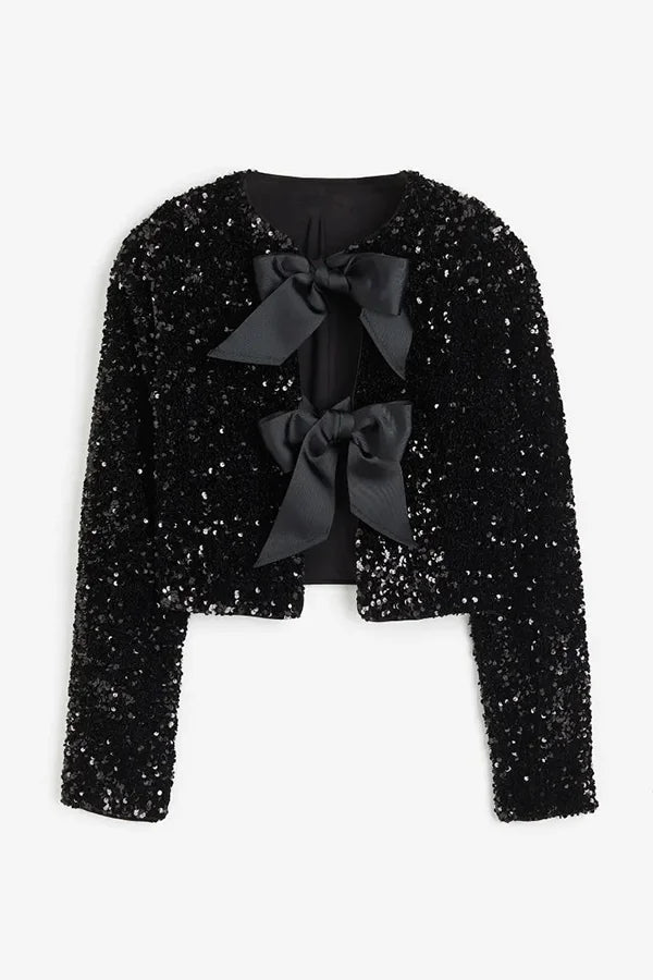 Velina Moda | Options To Celebrate, Tie Front Bow Sequin Jacket